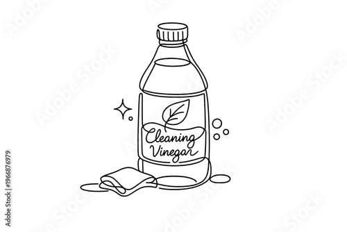 Drawing of a cleaning vinegar bottle with sponge and bubbles