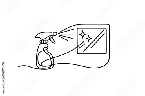 Minimalist line art of spray bottle and sparkling clean window