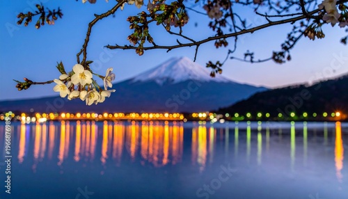 Iconic Mount Fuji reflected in tranquil lake at twilight with blooming cherry blossoms.