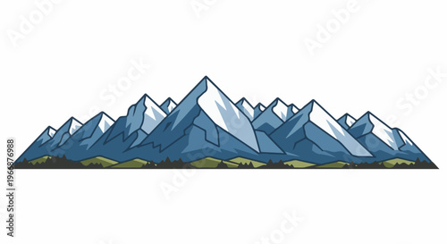 Jagged blue mountain range with snow-capped peaks, green foothills