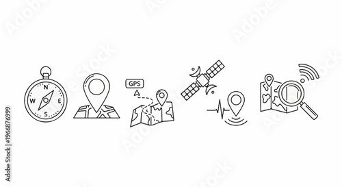 Line art icons of navigation, location, and tracking elements