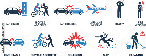 Accident Safety Icon Set Car Crash Bicycle Accident Collision Airplane Injury Fire