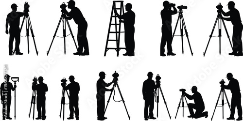 Silhouette collection of professional photographers and videographers using tripods, cameras, ladder, filming equipment isolated on white background, production crew concept set vector