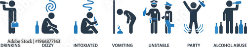 Alcohol Abuse Icon Set Flat Silhouette Drinking Drunk Vomiting Arrest Behavior Vector