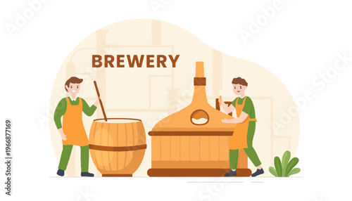 Brewery illustration of two workers with wooden barrel and equipment