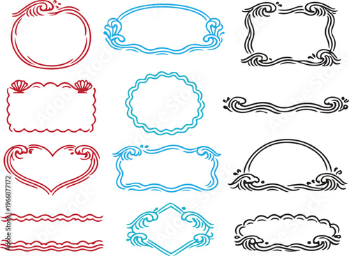 Stamp coastal frames. Vintage squiggle borders. Hand drawn frame for menu, wedding invitation, coastal party. Italian ornament border design. Doodle wiggle retro stamp poster. Scallop crayon emblem bg