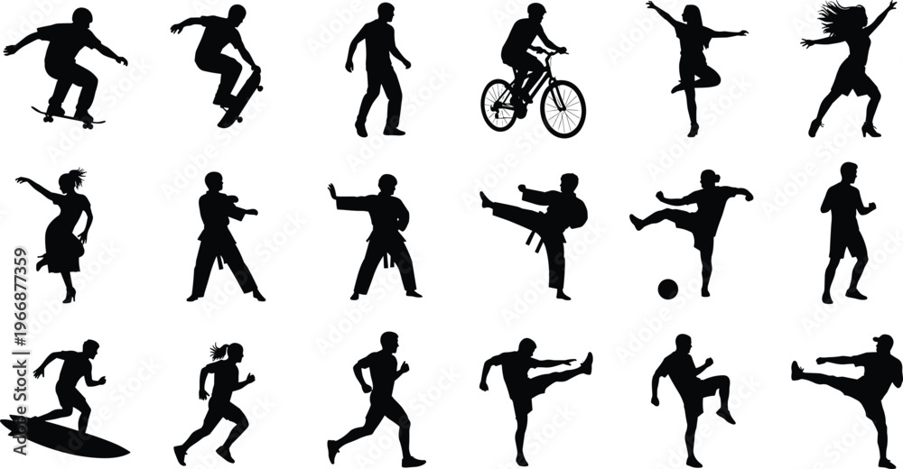 Fototapeta premium Sports and activity silhouettes collection featuring skateboarding, cycling, running, dancing and martial arts poses, active lifestyle illustration set isolated background