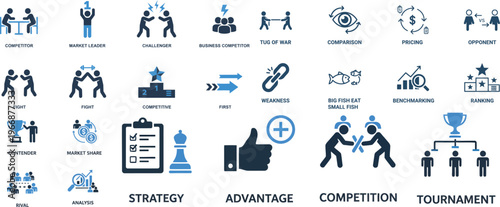 Business Competition Icon Set Flat Two Tone Blue Leader Challenger Strategy Vector