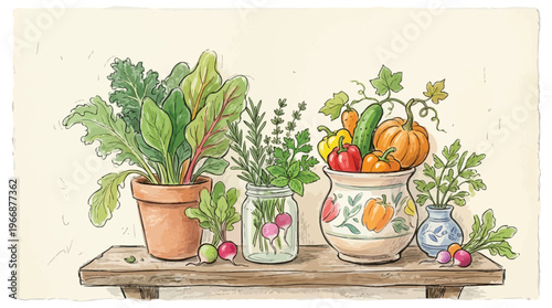 A charming watercolor illustration of fresh garden vegetables, potted leafy greens, and various herbs arranged on a rustic wooden shelf.