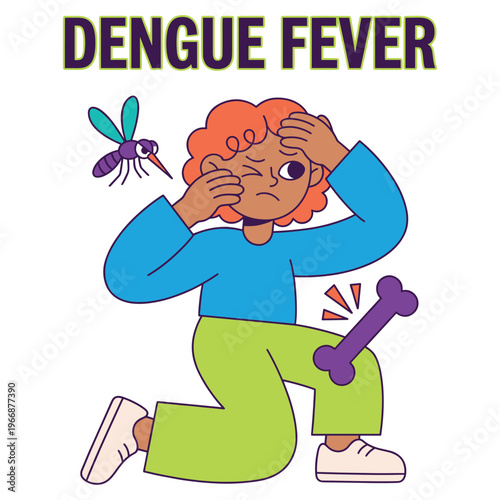 Cartoon Character Experiencing Severe Joint Pain and Fever, Indicating a Mosquito-Transmitted Medical Health Disease