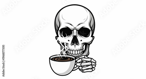Eerie skeleton clasps steaming coffee cup, evoking a morbid morning ritual