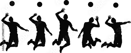 Volleyball player silhouettes jumping and hitting ball collection, athlete spike action poses, sports illustration isolated on white background
