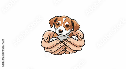 Cute puppy held gently in cupped hands, soft brown and white fur