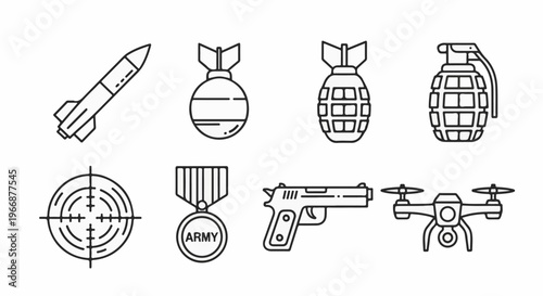 Collection of military icons missile, bombs, grenades, medal, pistol, drone, scope