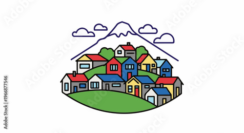 Colorful village nestled below a snow-capped mountain and clouds