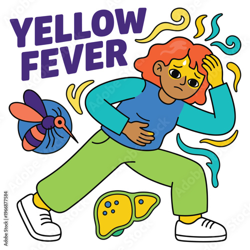 Vivid illustration of a character experiencing Yellow Fever symptoms, emphasizing crucial medical health and healthcare awareness