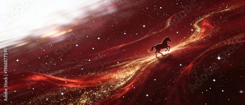 A horse gallops in the red-gold gilded starry river, presenting an unstoppable sense of power and auspicious atmosphere of the Year of the Horse with bright light and shadow, making it a visual materi