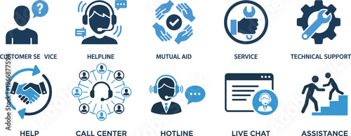 Customer Support Icons Set Customer Service Helpline Mutual Aid Service Technical Support