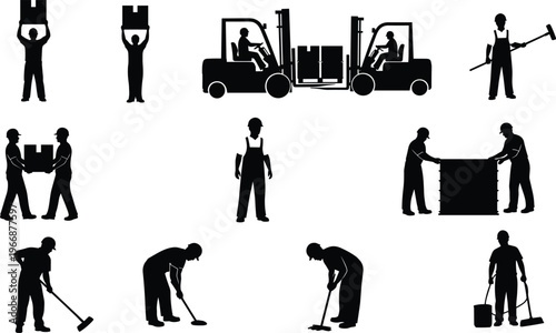 Warehouse and cleaning worker silhouettes set, forklift operators, janitors, carrying boxes, sweeping, industrial labor collection isolated on white background