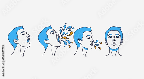 Four panels show a person's head in different stages of expression and speech