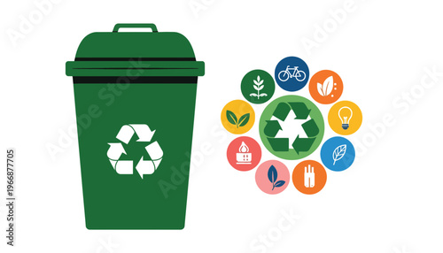 A green recycling bin with eco friendly icons on a white background