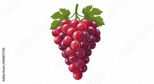 A vibrant cluster of red grapes with two green leaves