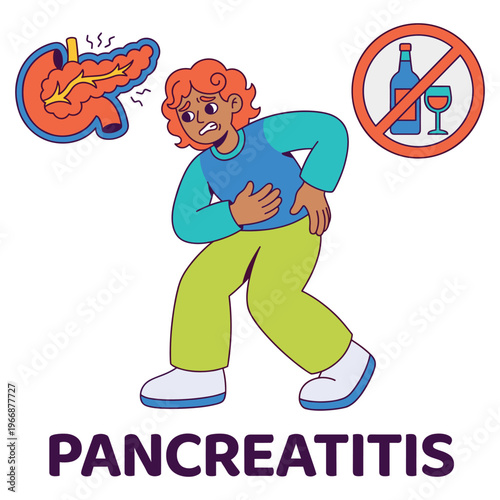 Medical health disease symptoms character suffering from pancreatitis, illustrating severe abdominal pain for healthcare awareness