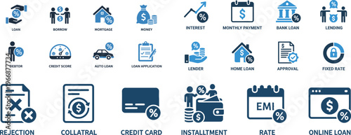 Finance Loan Icon Set Loan Borrow Mortgage Money Credit Score Auto Loan Vector Icons