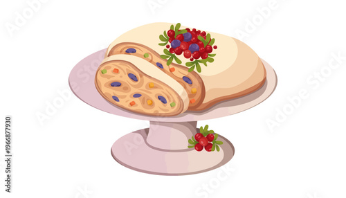 A panettone cake illustration on a decorative stand with berries