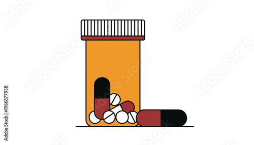 Pill bottle vector illustration with capsules and tablets spilling out
