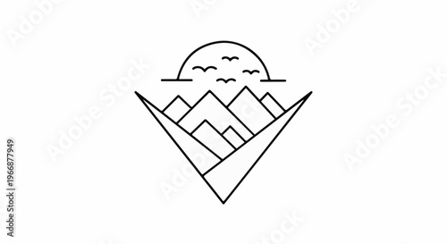 Abstract geometric mountain scene with birds and sun arc
