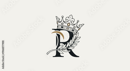 Ornate initial letter R with crown and laurel branch, elegant design