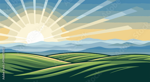 Bright sunbeams illuminate rolling green hills and misty blue mountains