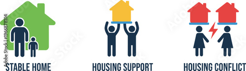 Housing Status Icon Set Flat Two Tone Blue Stable Home Support Conflict Family Vector