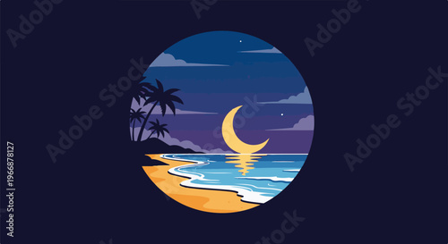 Pixelated crescent moon over a tropical beach scene at night