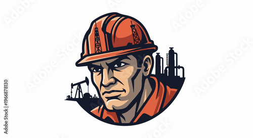 determined worker in hard hat with oil rigs and refinery in background