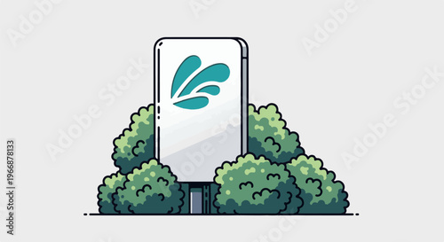 Digital screen with abstract water splashes surrounded by lush green bushes