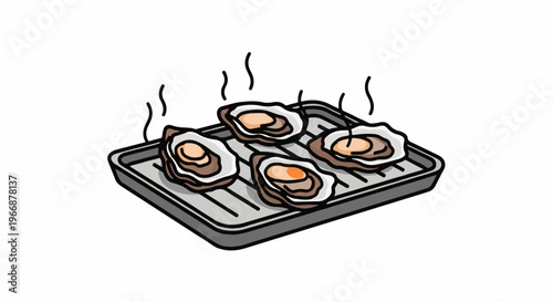 Four steaming oysters on a grill pan, ready to eat