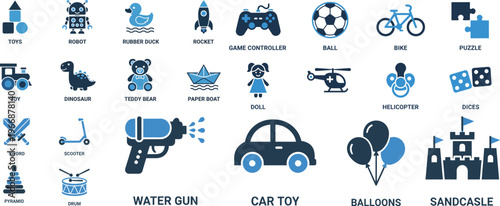 Kids Toys Icon Set Robot Rubber Duck Rocket Train Dinosaur Teddy Bear Paper Boat