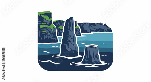 Dramatic rocky sea stacks rise from the ocean, with green-topped cliffs in the background