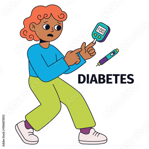Concerned character monitoring blood sugar, emphasizing medical health disease symptoms management and personal healthcare