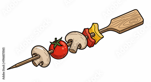 Cartoon of a vegetarian skewer with mushrooms, tomato, and bell peppers