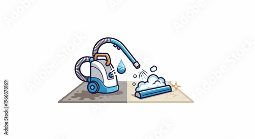 Cartoon vacuum cleaner sprays water and creates foam on carpet