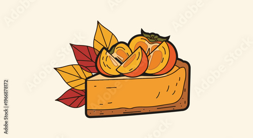 Autumn dessert slice adorned with persimmon slices and fall leaves