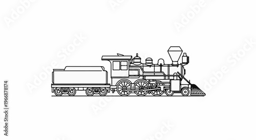 Black and white outline of a vintage steam locomotive with its tender