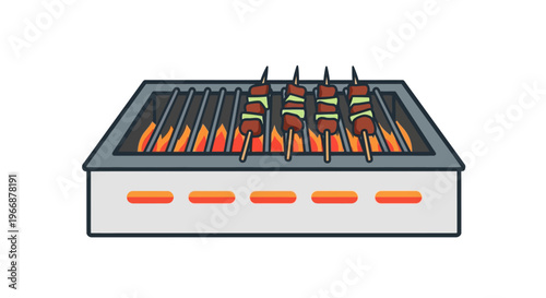 Cartoon Illustration of Skewered Meat Grilling on a Charcoal BBQ Grill