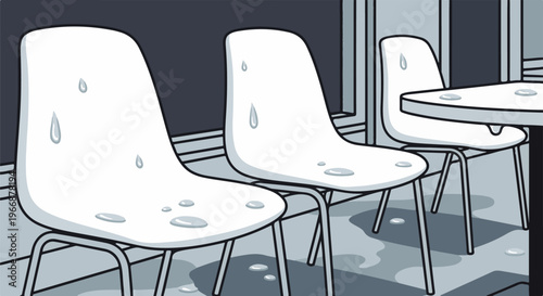 Row of white chairs with water droplets on seats and table