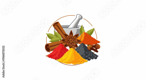 Assortment of colorful spices and ingredients arranged in a circular design