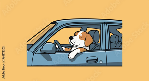 Cartoon dog with happy expression drives a car