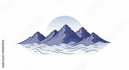 Serene blue mountains rise above a misty, wave-like expanse under a pale sun